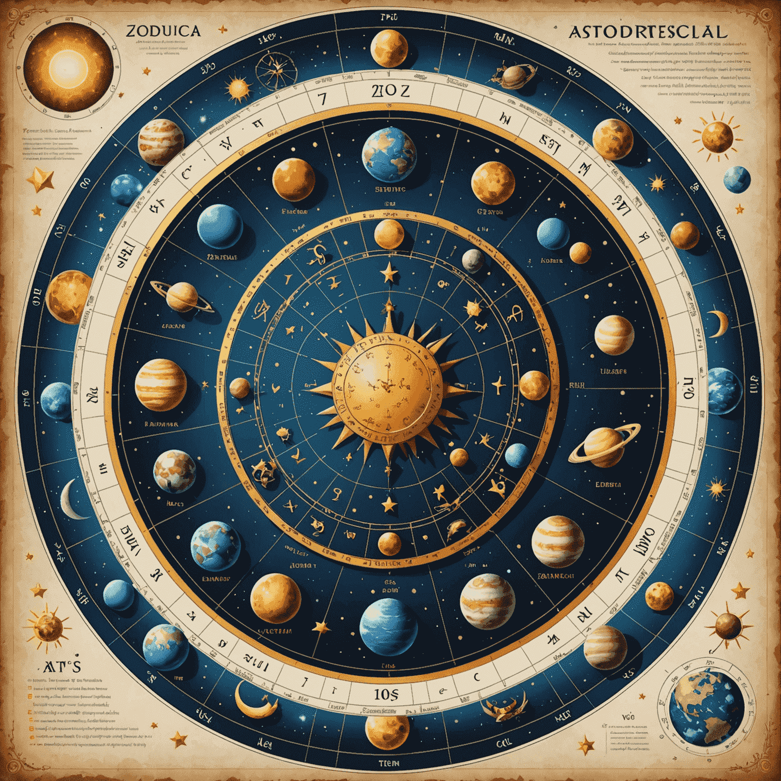 Инфографика с основными элементами астрологии: знаки зодиака, планеты и астрологические дома